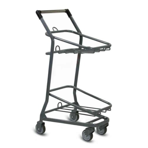 EZcart two tier metal wire shopping basket cart in metallic grey