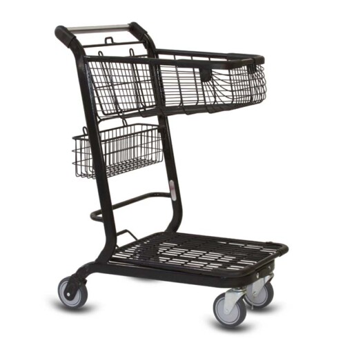 EXpress3500 two-tier metal wire shopping cart with back basket and lower tray in black