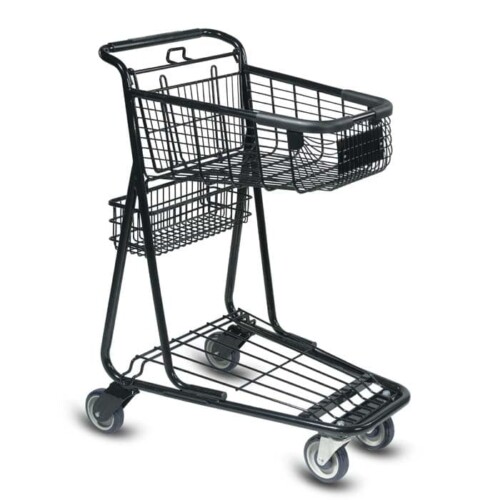 EXpress3650 two-tier metal wire shopping cart with back basket and lower tray in black
