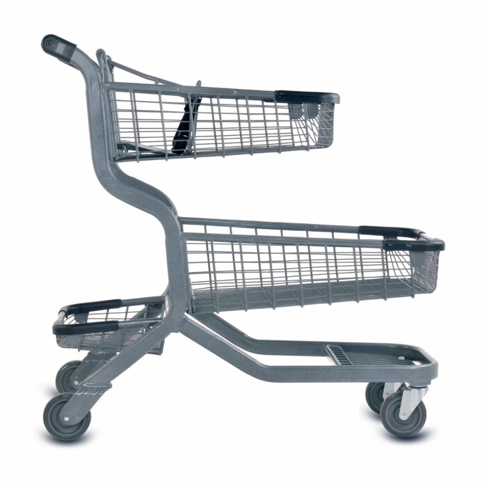EXpress12000 two-tier metal wire shopping cart with child seat and lower tray in metallic grey