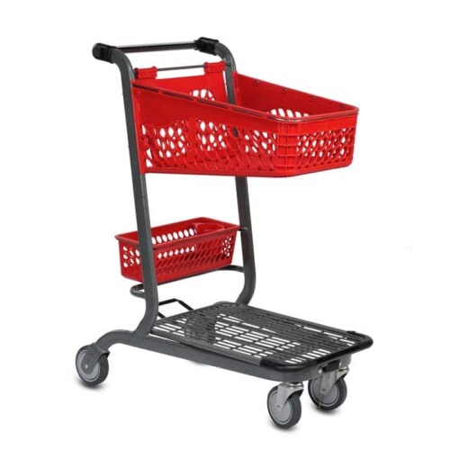 TT-150 two-tier plastic convenience shopping cart with back basket and lower tray