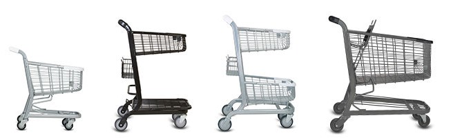 Shopping carts in a line from a kiddy cart to standard shopping cart