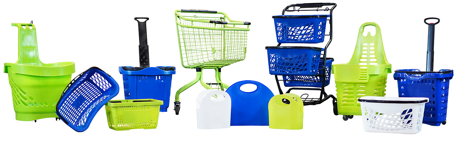 Assorted plastic shopping baskets and rolling carts in green, blue, and white from Versacart